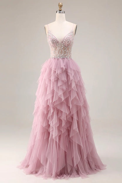 Elegant Spaghetti Strap V Neck Beaded Lace Corset Bodice Tiered Tulle Maxi Prom Dress
