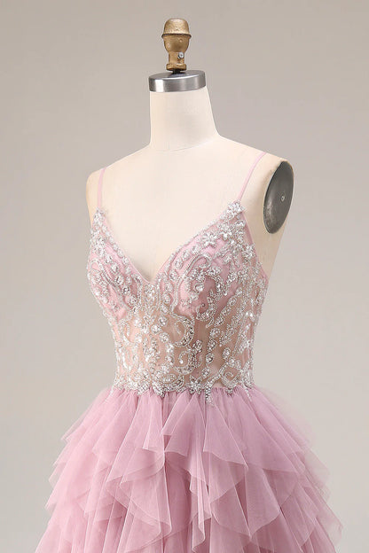 Elegant Spaghetti Strap V Neck Beaded Lace Corset Bodice Tiered Tulle Maxi Prom Dress