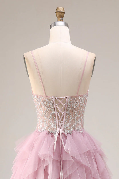 Elegant Spaghetti Strap V Neck Beaded Lace Corset Bodice Tiered Tulle Maxi Prom Dress