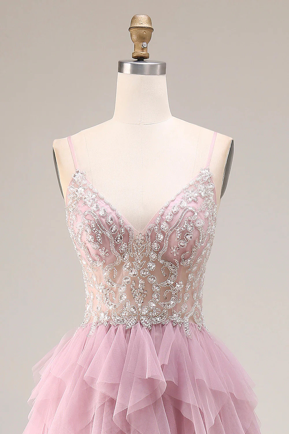 Elegant Spaghetti Strap V Neck Beaded Lace Corset Bodice Tiered Tulle Maxi Prom Dress