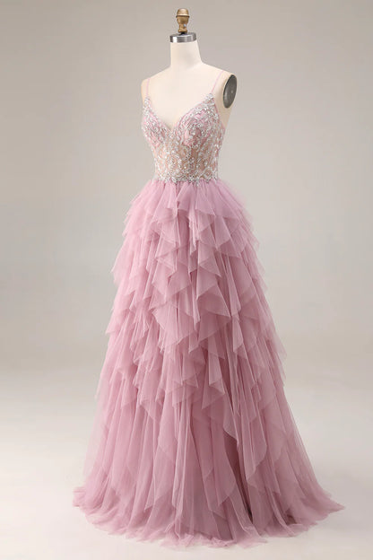 Elegant Spaghetti Strap V Neck Beaded Lace Corset Bodice Tiered Tulle Maxi Prom Dress