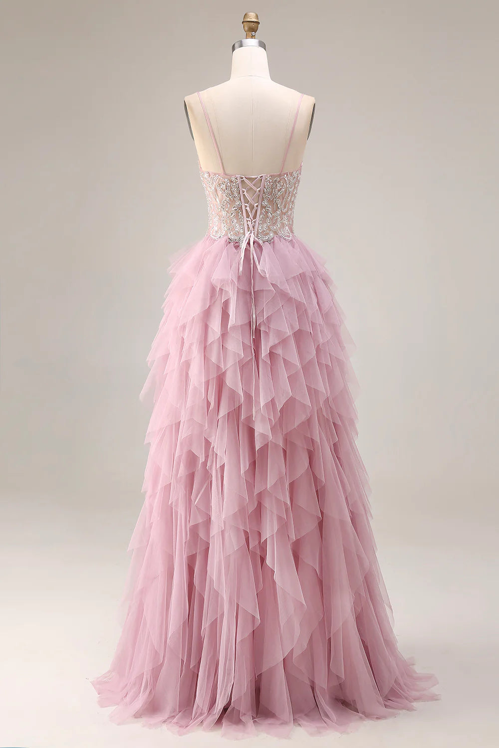 Elegant Spaghetti Strap V Neck Beaded Lace Corset Bodice Tiered Tulle Maxi Prom Dress
