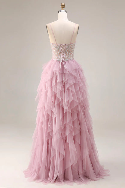 Elegant Spaghetti Strap V Neck Beaded Lace Corset Bodice Tiered Tulle Maxi Prom Dress