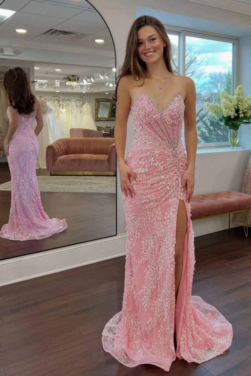 Elegant Spaghetti Strap V Neck Beaded Leaf Lace Ruched High Slit Mermaid Prom Dress with Train