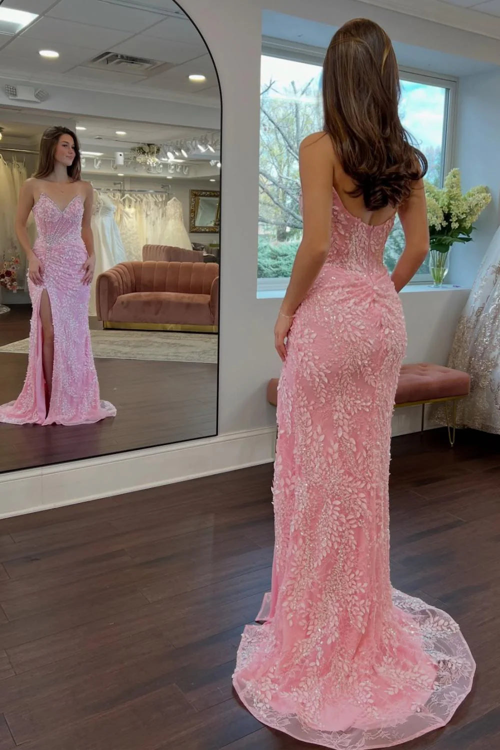 Elegant Spaghetti Strap V Neck Beaded Leaf Lace Ruched High Slit Mermaid Prom Dress with Train