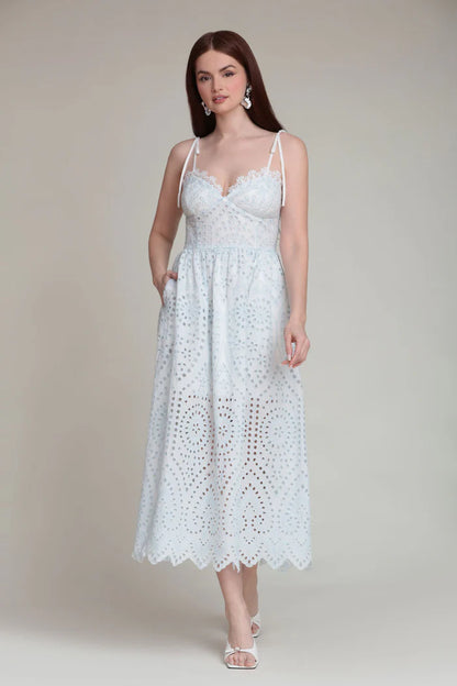 Elegant Spaghetti Strap V Neck Eyelet Embroidery Scallop Edge Smocked Back Midi Prom Dress For Summer Prom Beach Wedding Guest