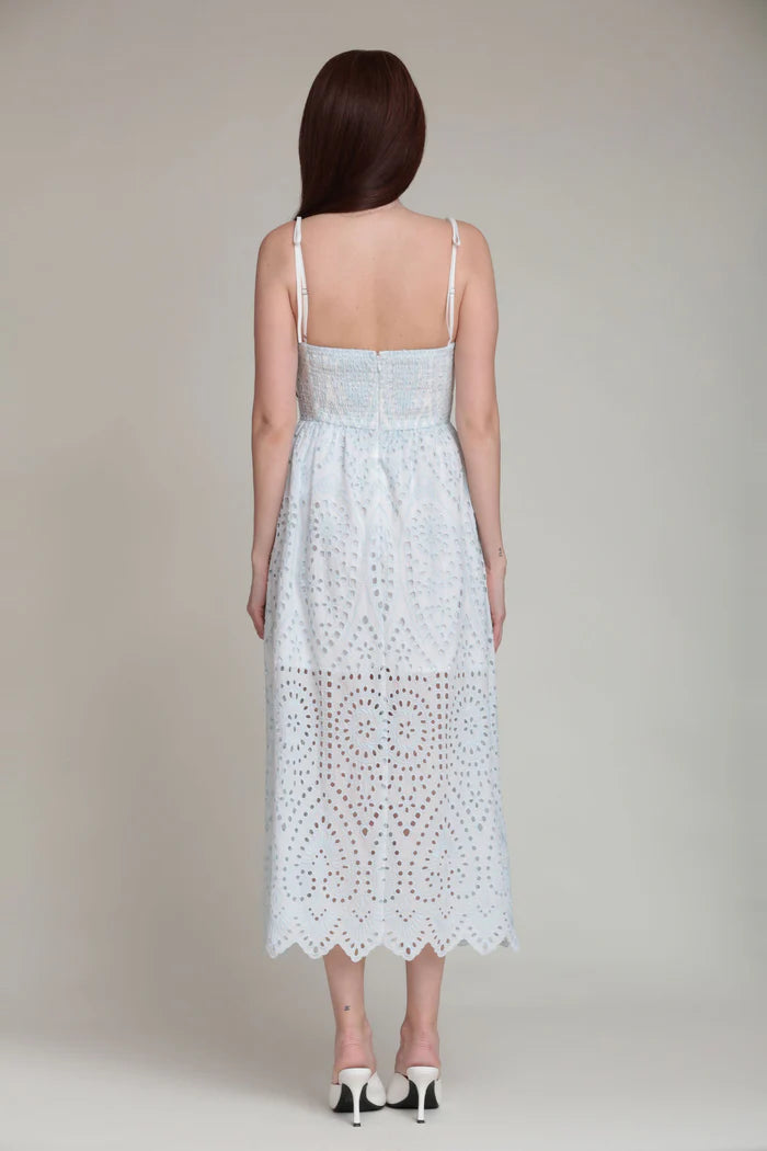 Elegant Spaghetti Strap V Neck Eyelet Embroidery Scallop Edge Smocked Back Midi Prom Dress For Summer Prom Beach Wedding Guest