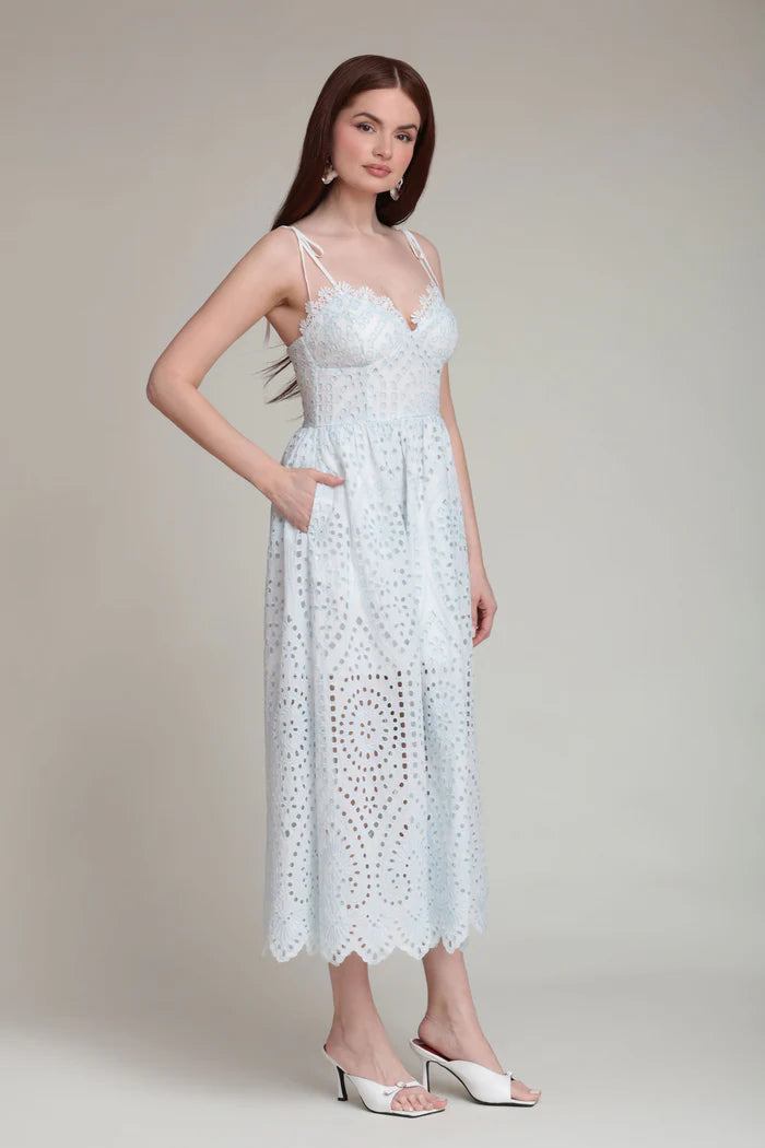 Elegant Spaghetti Strap V Neck Eyelet Embroidery Scallop Edge Smocked Back Midi Prom Dress For Summer Prom Beach Wedding Guest