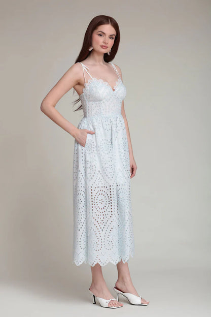 Elegant Spaghetti Strap V Neck Eyelet Embroidery Scallop Edge Smocked Back Midi Prom Dress For Summer Prom Beach Wedding Guest