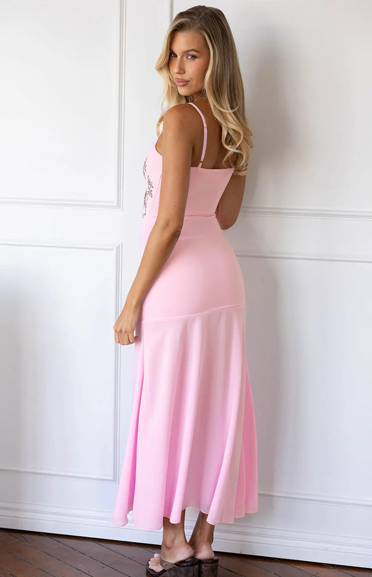 Elegant Spaghetti Strap V Neck Floral Embroidery Mesh Maxi Prom Dress