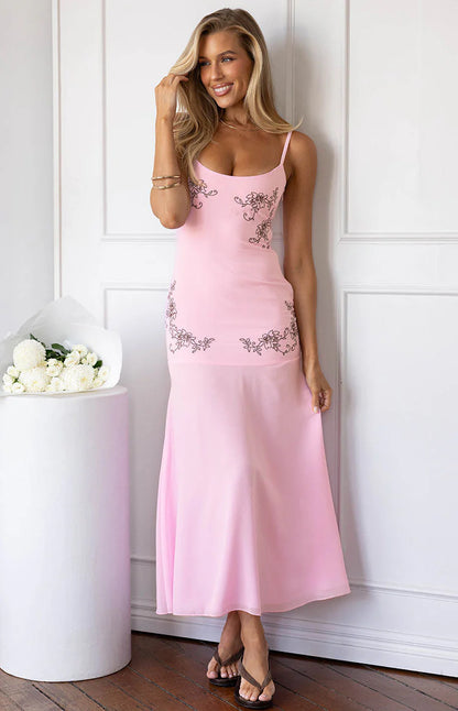 Elegant Spaghetti Strap V Neck Floral Embroidery Mesh Maxi Prom Dress