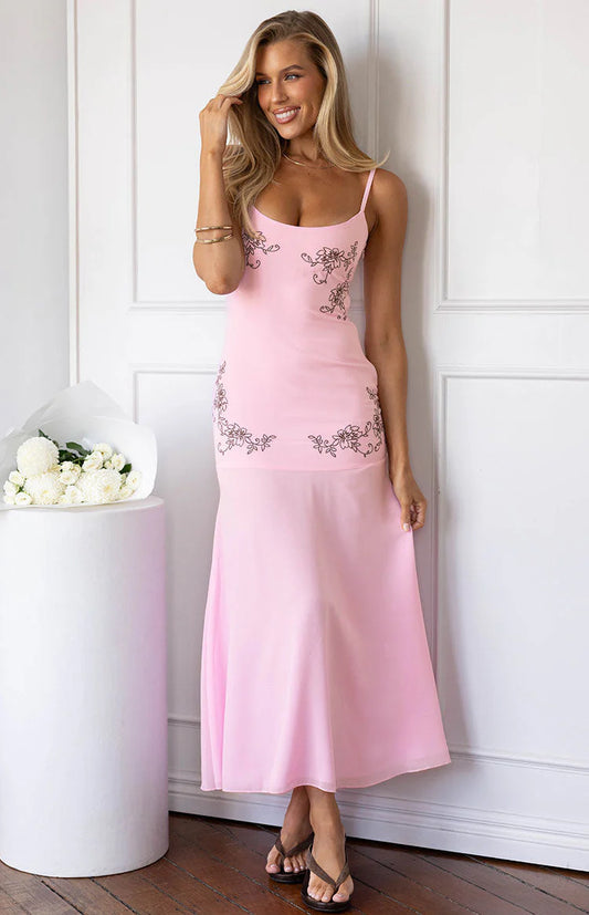 Elegant Spaghetti Strap V Neck Floral Embroidery Mesh Maxi Prom Dress