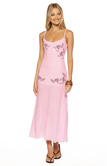 Elegant Spaghetti Strap V Neck Floral Embroidery Mesh Maxi Prom Dress