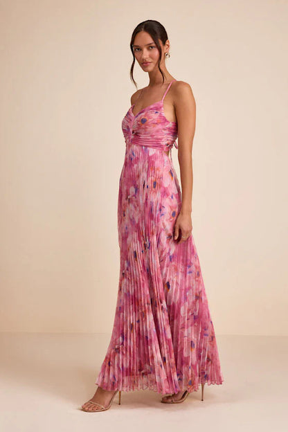 Elegant Spaghetti Strap V Neck Floral Print Pleated Maxi Prom Dress For Formal Evening Gala Wedding Guest Bridesmaid