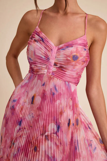 Elegant Spaghetti Strap V Neck Floral Print Pleated Maxi Prom Dress For Formal Evening Gala Wedding Guest Bridesmaid