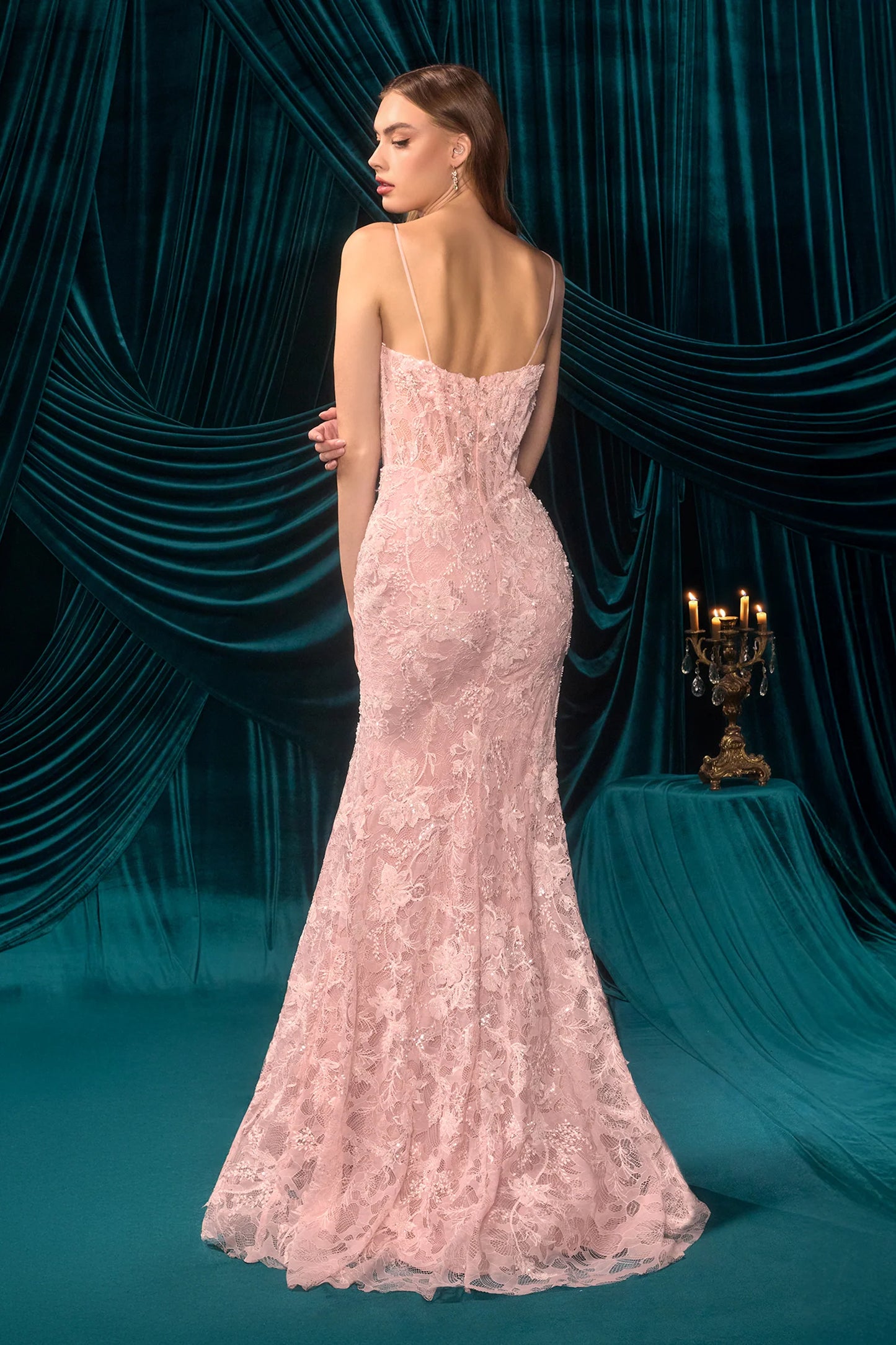 Elegant Spaghetti Strap V Neck Lace Applique Bow Detail High Slit Mermaid Maxi Prom Dress For Formal Evening Gala Cocktail Party