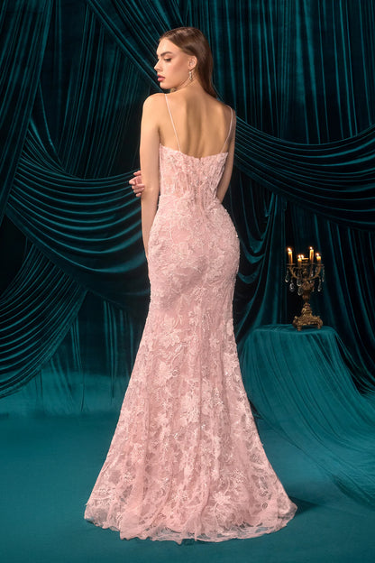 Elegant Spaghetti Strap V Neck Lace Applique Bow Detail High Slit Mermaid Maxi Prom Dress For Formal Evening Gala Cocktail Party