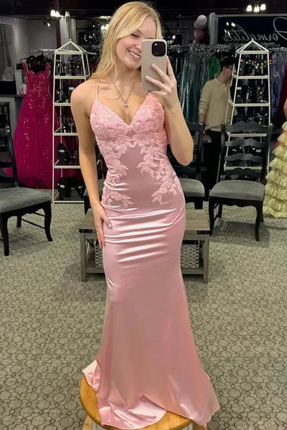 Elegant Spaghetti Strap V Neck Lace Applique Open Back Satin Mermaid Maxi Prom Dress With Train For Formal Evening Wedding Guest