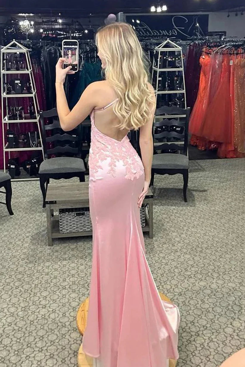 Elegant Spaghetti Strap V Neck Lace Applique Open Back Satin Mermaid Maxi Prom Dress With Train For Formal Evening Wedding Guest