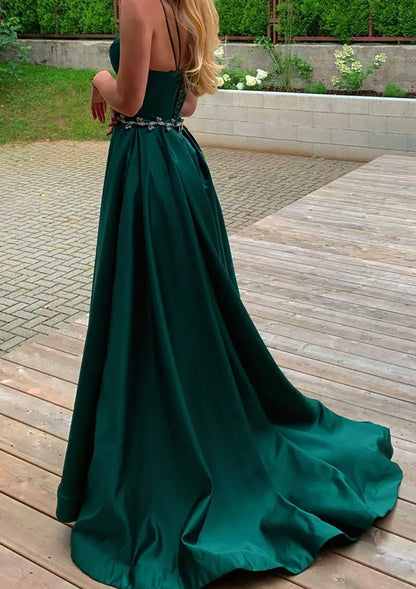 Elegant Spaghetti Strap V Neck Lace Up Back Beaded Waist High Slit Pockets Satin A Line Maxi Prom Dress For Formal Evening Gala Wedding