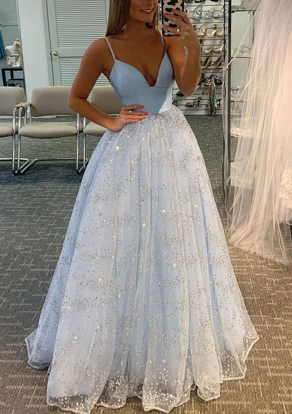 Elegant Spaghetti Strap V Neck Lace Up Back Glitter Sequin Ball Gown Prom Dress For Formal Evening Gala Wedding