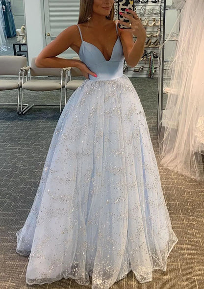 Elegant Spaghetti Strap V Neck Lace Up Back Glitter Sequin Ball Gown Prom Dress For Formal Evening Gala Wedding