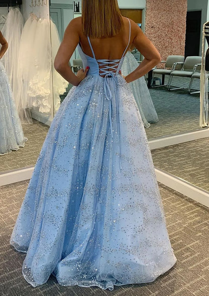 Elegant Spaghetti Strap V Neck Lace Up Back Glitter Sequin Ball Gown Prom Dress For Formal Evening Gala Wedding