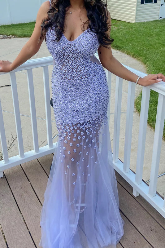 Elegant Spaghetti Strap V Neck Open Back 3D Floral Beaded Applique Tulle Mermaid Maxi Evening Dress For Formal Evening Prom Wedding Guest Bridesmaid Cocktail Party Gala