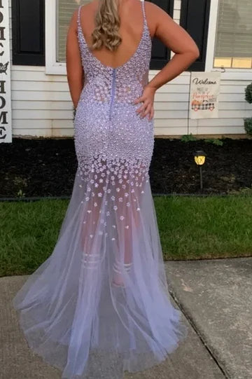 Elegant Spaghetti Strap V Neck Open Back 3D Floral Beaded Applique Tulle Mermaid Maxi Evening Dress For Formal Evening Prom Wedding Guest Bridesmaid Cocktail Party Gala