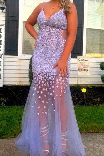 Elegant Spaghetti Strap V Neck Open Back 3D Floral Beaded Applique Tulle Mermaid Maxi Evening Dress For Formal Evening Prom Wedding Guest Bridesmaid Cocktail Party Gala