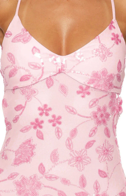 Elegant Spaghetti Strap V Neck Open Back Lace Up Floral Sequin Mesh Maxi Prom Dress