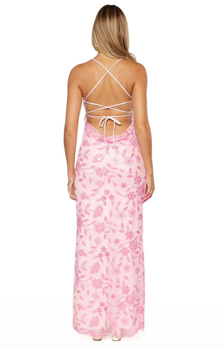 Elegant Spaghetti Strap V Neck Open Back Lace Up Floral Sequin Mesh Maxi Prom Dress