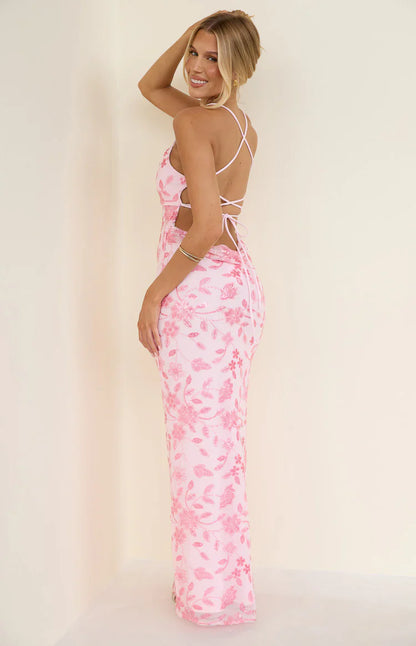 Elegant Spaghetti Strap V Neck Open Back Lace Up Floral Sequin Mesh Maxi Prom Dress