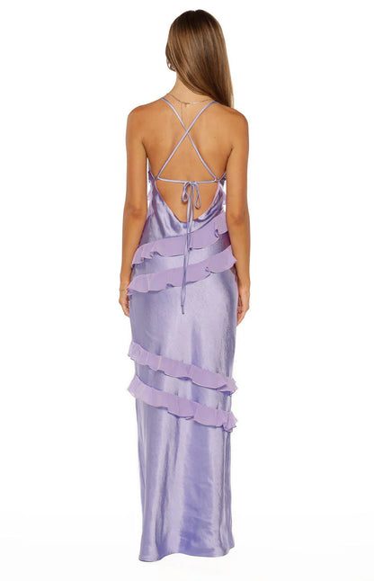 Elegant Spaghetti Strap V Neck Open Back Ruffle Trim Satin Maxi Prom Dress