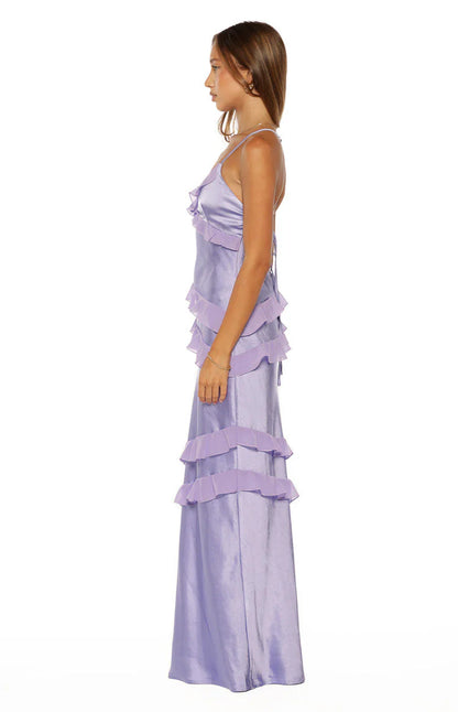 Elegant Spaghetti Strap V Neck Open Back Ruffle Trim Satin Maxi Prom Dress