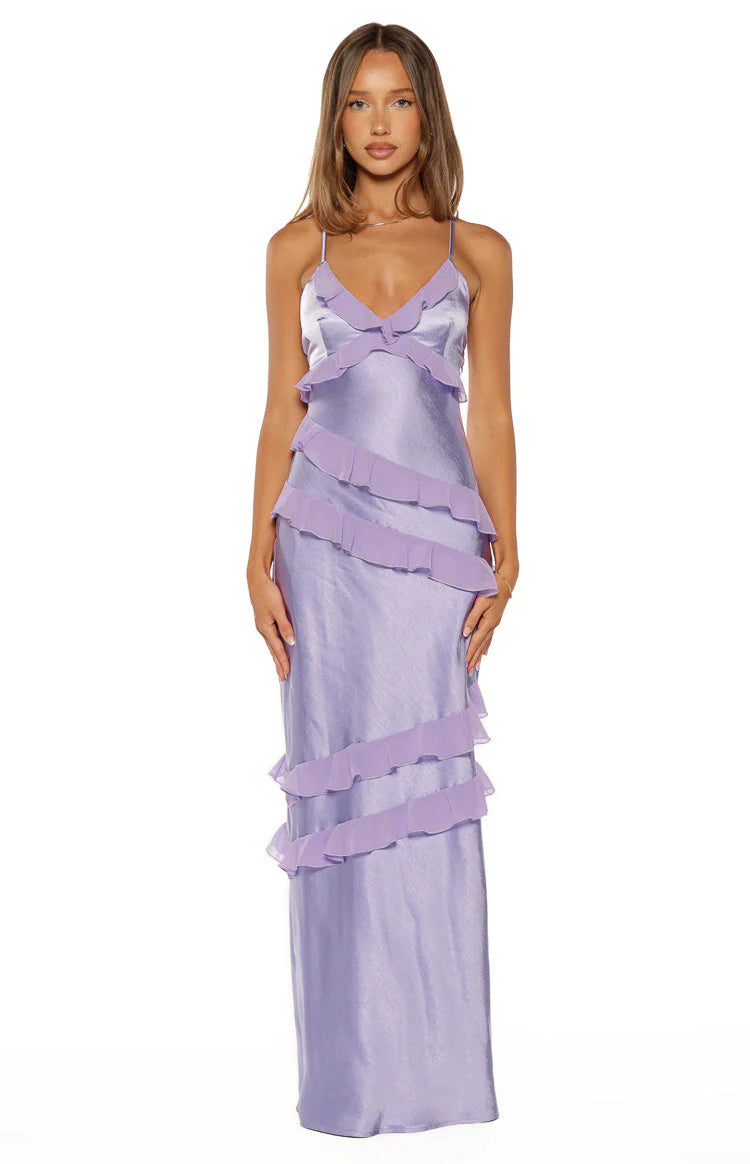 Elegant Spaghetti Strap V Neck Open Back Ruffle Trim Satin Maxi Prom Dress