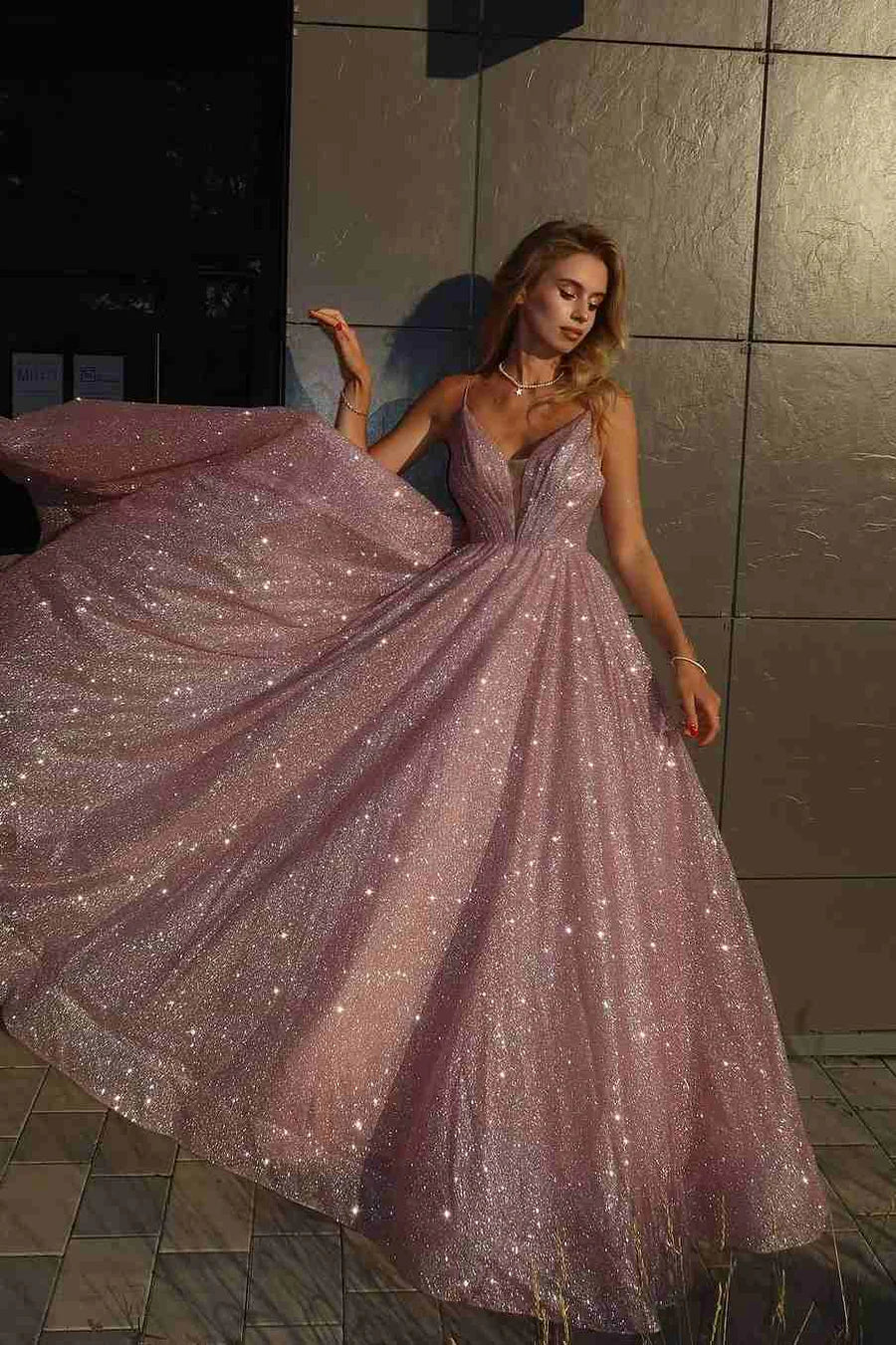 Elegant Spaghetti Strap V Neck Plunging Neck Glitter Sequin A Line Ball Gown Maxi Evening Dress For Formal Evening Prom Wedding Guest Bridesmaid Cocktail Party Gala