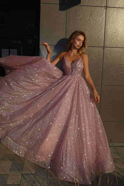 Elegant Spaghetti Strap V Neck Plunging Neck Glitter Sequin A Line Ball Gown Maxi Evening Dress For Formal Evening Prom Wedding Guest Bridesmaid Cocktail Party Gala