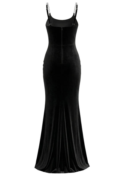 Elegant Spaghetti Strap V Neck Rhinestone Detail Mesh Insert Velvet Mermaid Maxi Prom Dress