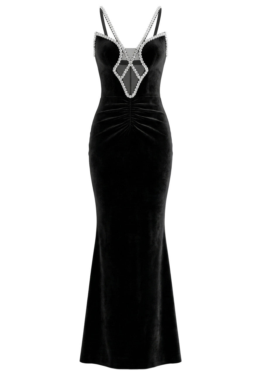 Elegant Spaghetti Strap V Neck Rhinestone Detail Mesh Insert Velvet Mermaid Maxi Prom Dress