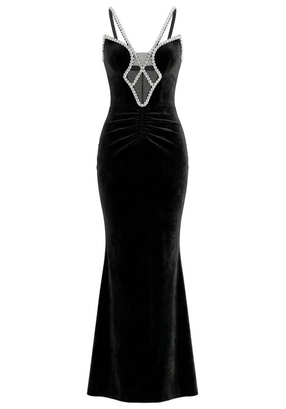 Elegant Spaghetti Strap V Neck Rhinestone Detail Mesh Insert Velvet Mermaid Maxi Prom Dress