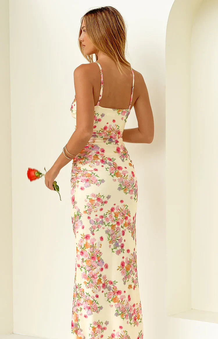 Elegant Spaghetti Strap V Neck Ruched Floral Print Mesh Maxi Prom Dress