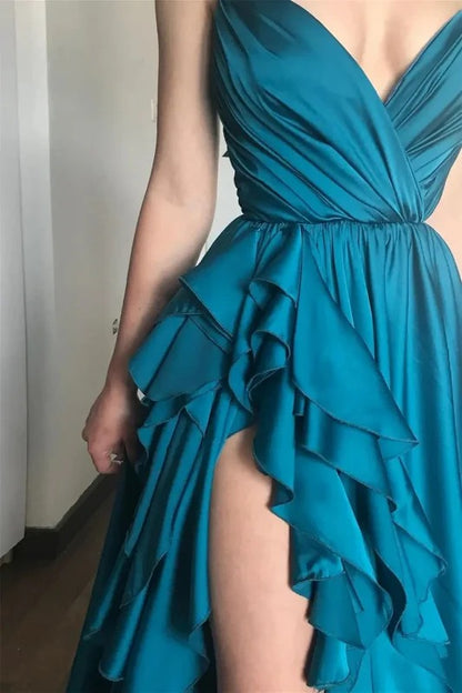 Elegant Spaghetti Strap V Neck Satin Ruffle High Slit Maxi Prom Dress