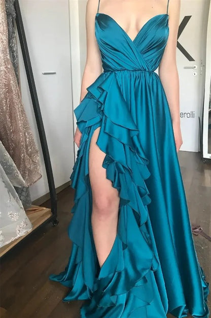Elegant Spaghetti Strap V Neck Satin Ruffle High Slit Maxi Prom Dress