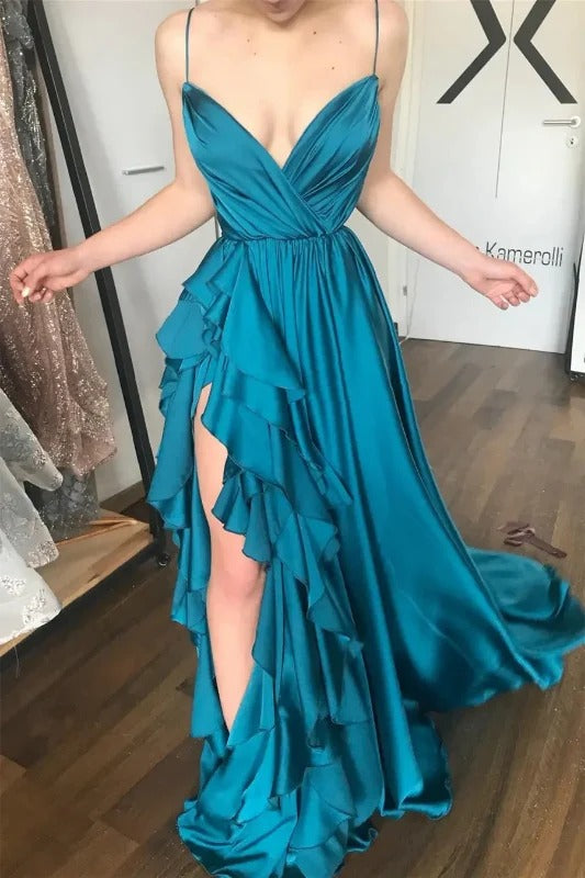 Elegant Spaghetti Strap V Neck Satin Ruffle High Slit Maxi Prom Dress