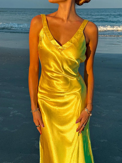 Elegant Spaghetti Strap V Neck Satin Slip Maxi Prom Dress For Formal Evening Wedding Guest