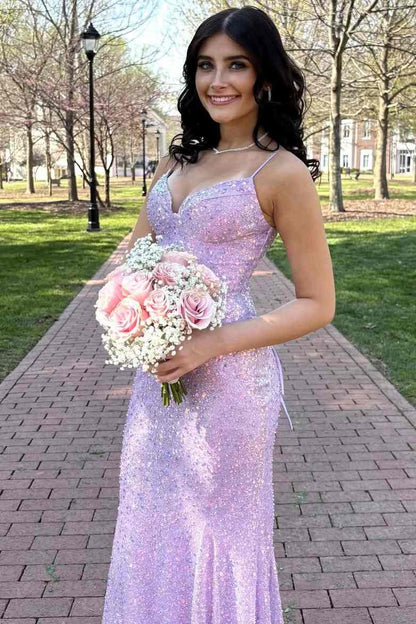 Elegant Spaghetti Strap V Neck Sequin Mermaid Maxi Prom Dress For Formal Evening Prom Graduation