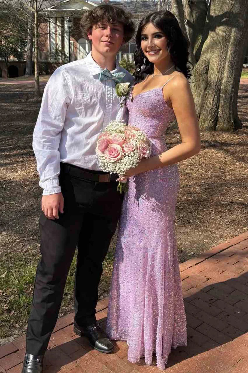 Elegant Spaghetti Strap V Neck Sequin Mermaid Maxi Prom Dress For Formal Evening Prom Graduation