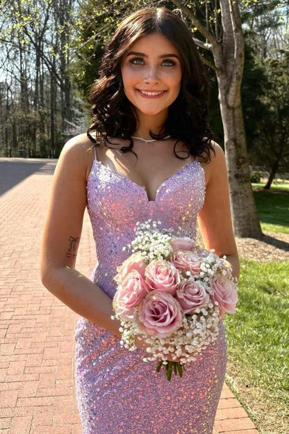 Elegant Spaghetti Strap V Neck Sequin Mermaid Maxi Prom Dress For Formal Evening Prom Graduation