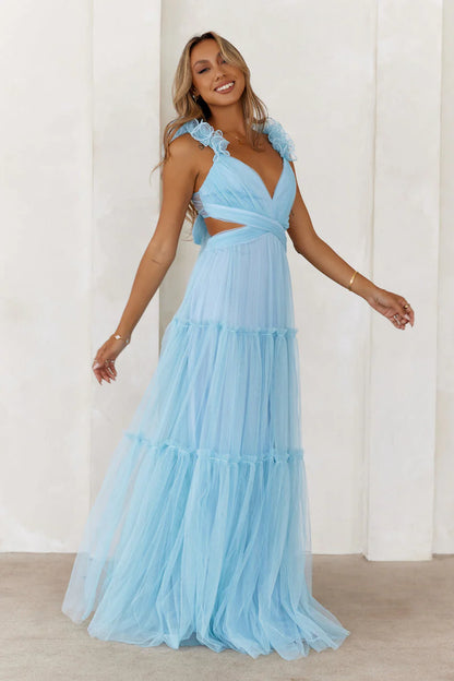 Elegant Spaghetti Strap V Neckline 3D Ruffle Flower Detail Cutout Waist Open Back Tie Tiered Ruffle Tulle A Line Maxi Evening Dress For Formal Evening Prom Wedding Guest Bridesmaid Beach Wedding Gala
